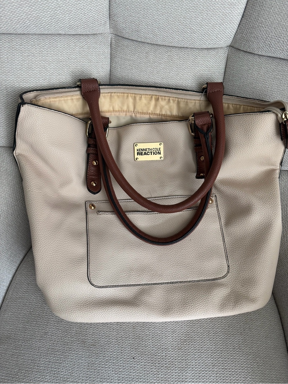 Kenneth Cole Reaction Beige Tote with Brown Handles